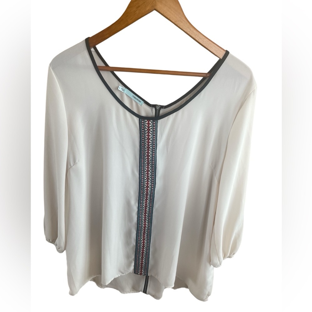 Maurices Ivory Chiffon Blouse Large – 3/4 Sleeve Embroidered Top w/ Back Zipper